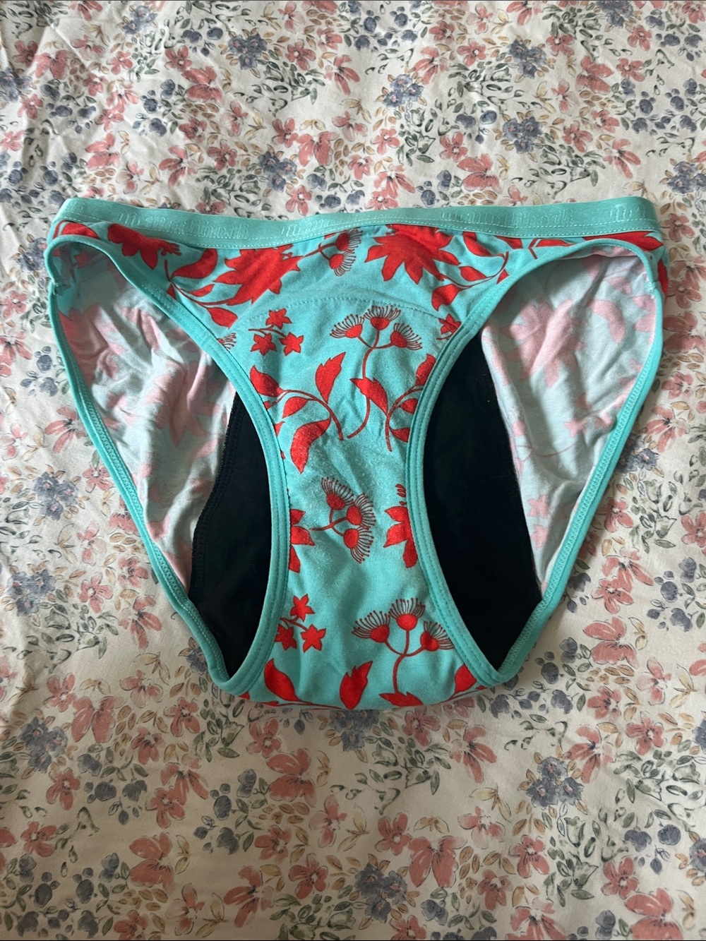 Modibodi Women’s Aqua Floral Period Underwear bikini with Red Print